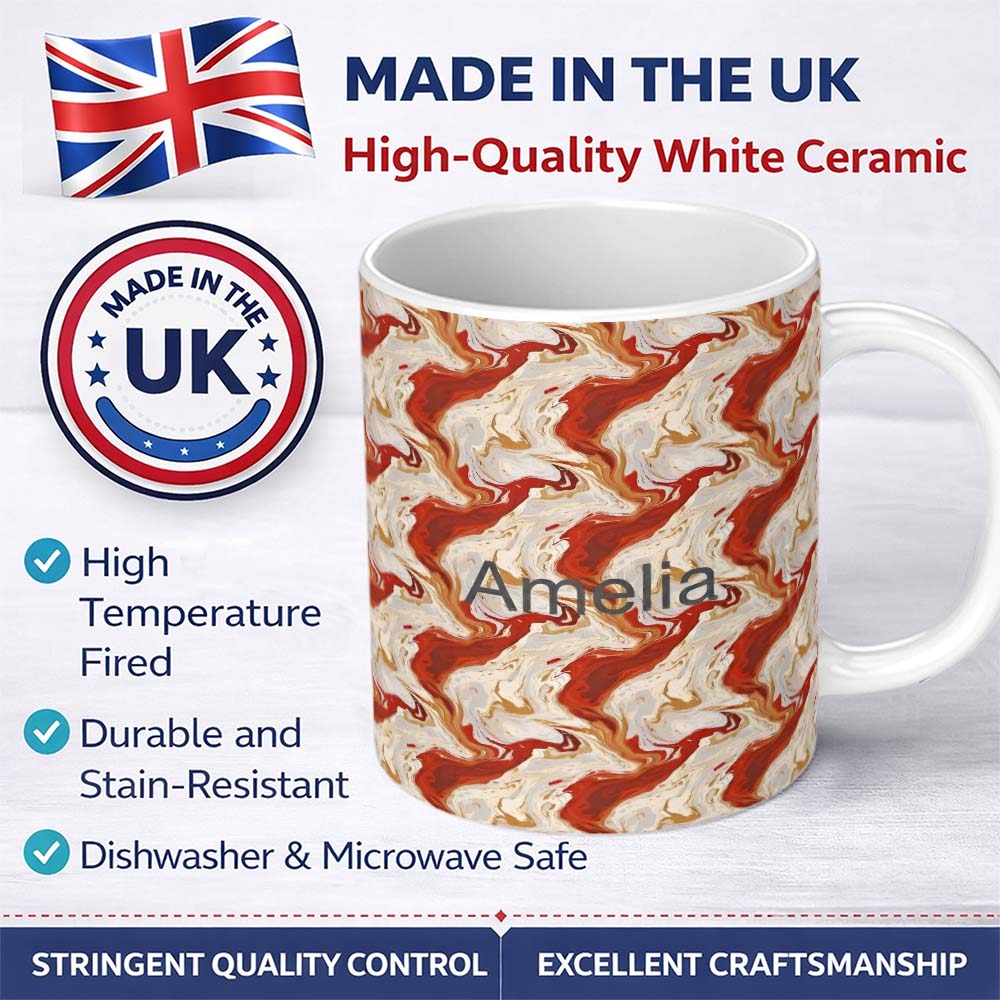 Personalized Custom Name Abstract Marble Red Beige Swirl Seamless Pattern Name Cute Unique 11oz Ceramic Coffee Tea Mug White Large Handle