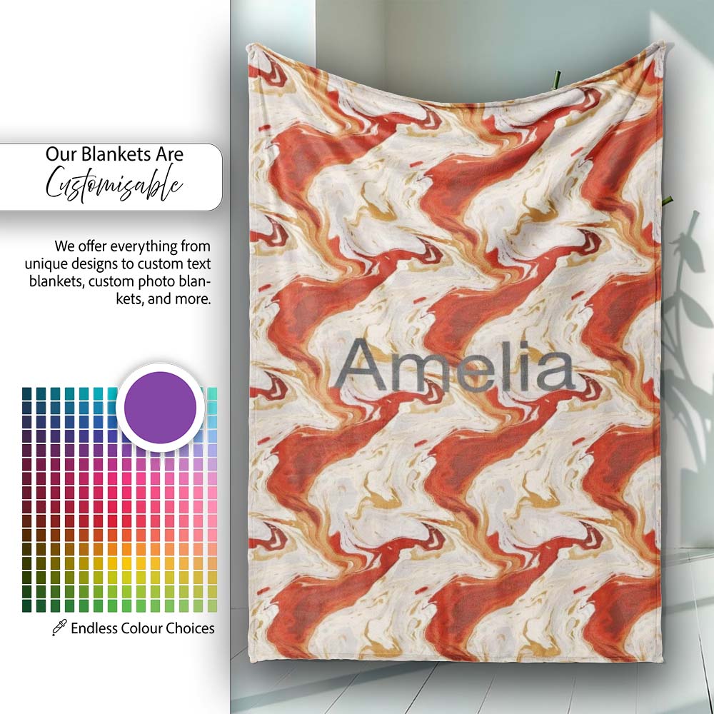 Abstract Marble Red Beige Swirl Seamless Pattern Name Cute Unique Personalised Custom Name Super Soft Fleece Blanket Bed Sofa Throw