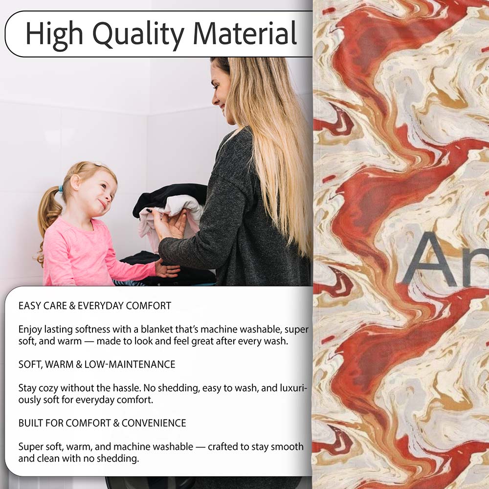 Abstract Marble Red Beige Swirl Seamless Pattern Name Cute Unique Personalised Custom Name Super Soft Fleece Blanket Bed Sofa Throw