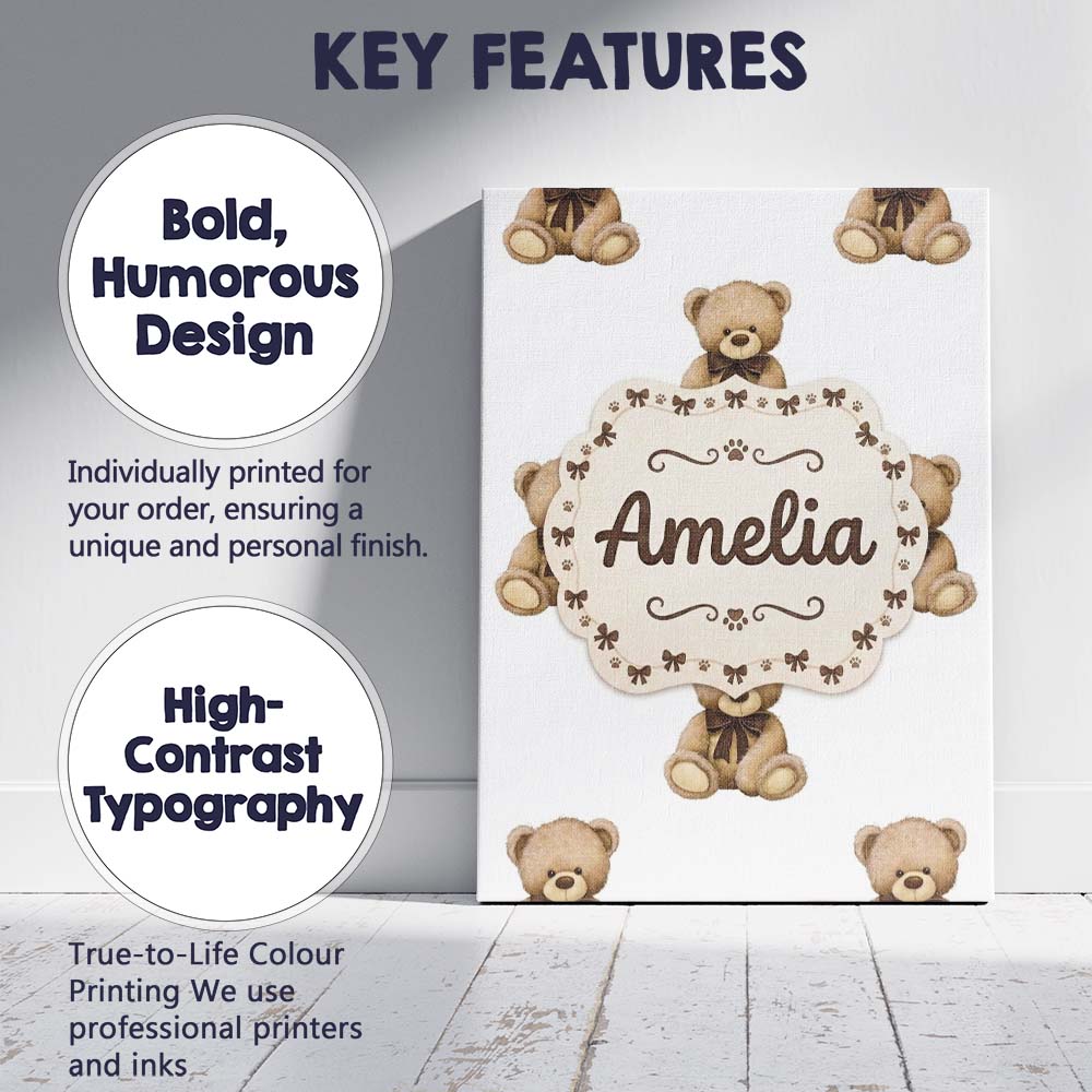 Personalised Name Cute Teddy Bear Plush Toy Custom Bespoke Interior Contemporary Canvas Wall Art Print Decor Picture Ready to Hang