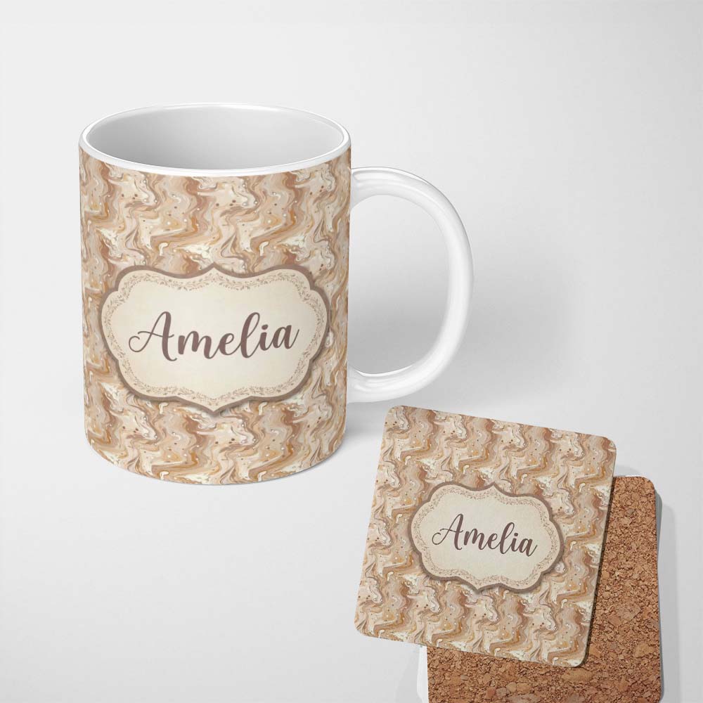 Personalized Custom Name Soft Beige Marble Swirl Abstract Seamless Pattern Name Cute Unique 11oz Ceramic Coffee Tea Mug White Large Handle