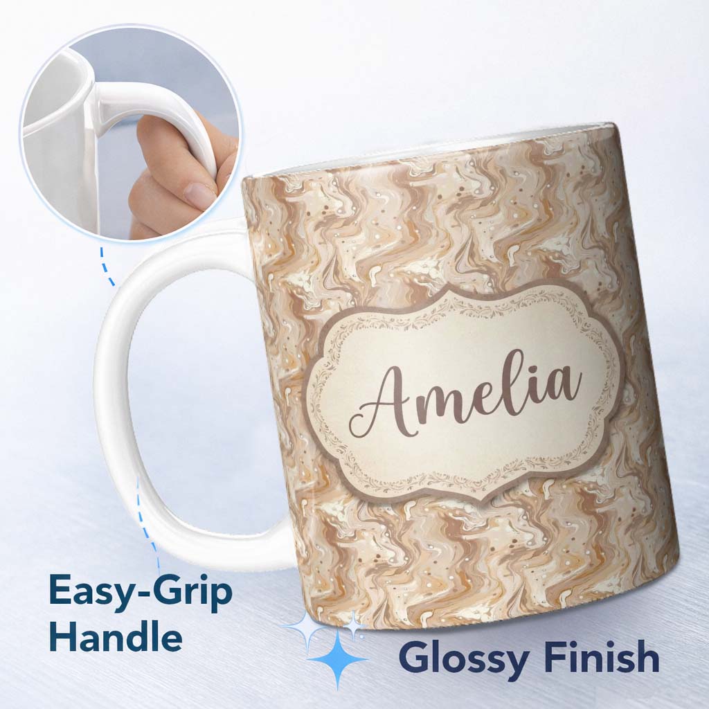 Personalized Custom Name Soft Beige Marble Swirl Abstract Seamless Pattern Name Cute Unique 11oz Ceramic Coffee Tea Mug White Large Handle