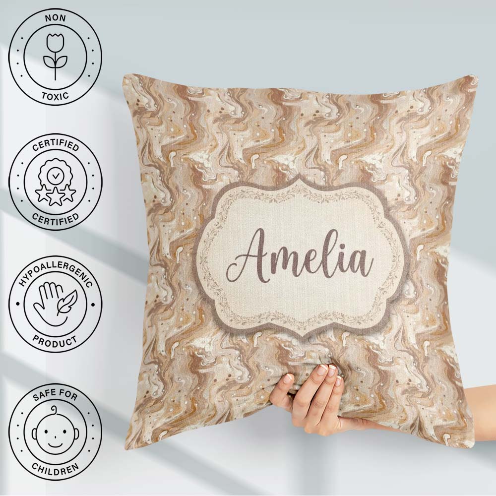 Custom Name Soft Beige Swirl Abstract Seamless Pattern Name Cute Square Filled Cushion Throw Pillow Sofa Bed Home Decor Zip Washable UK Made