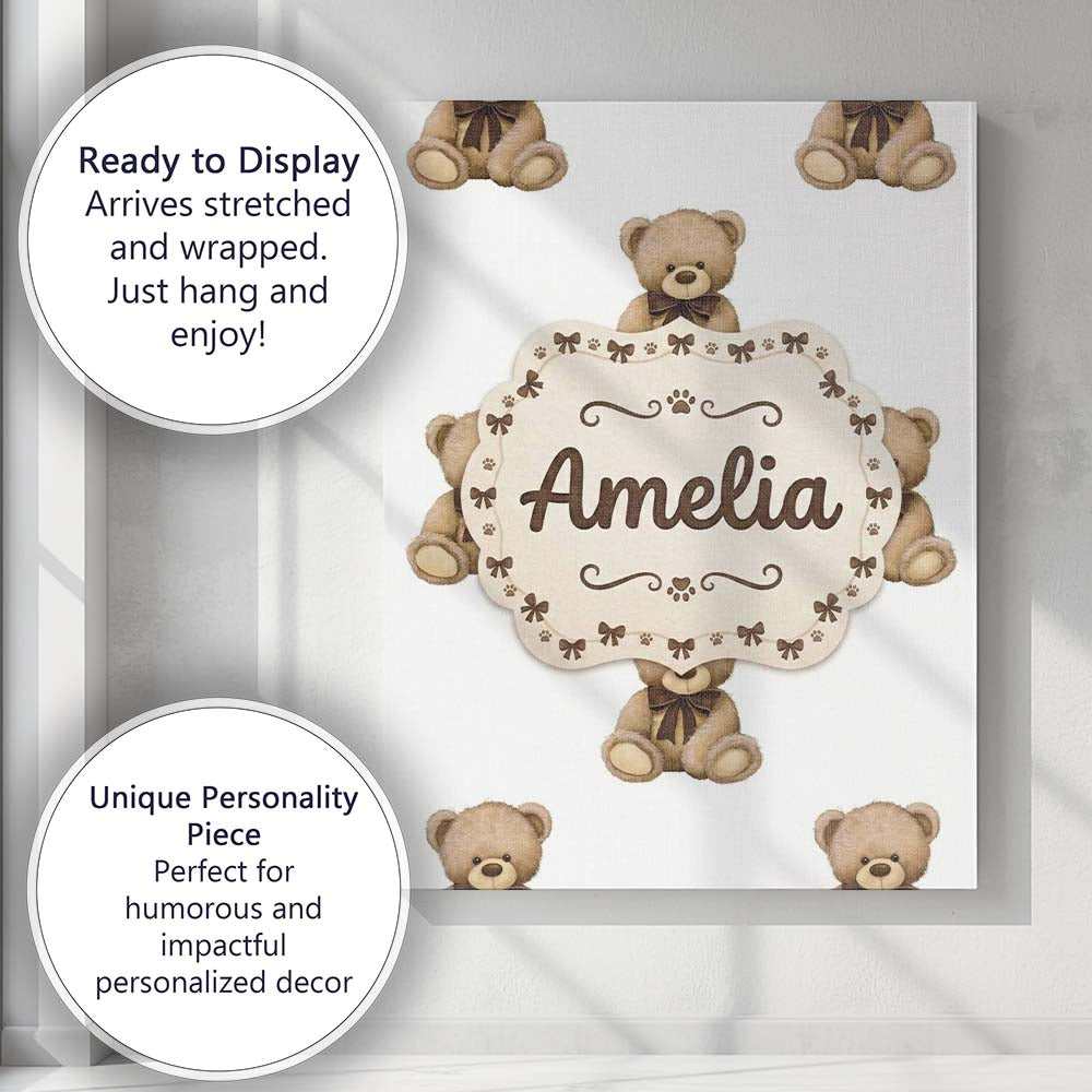 Personalised Name Cute Teddy Bear Plush Toy Custom Bespoke Interior Contemporary Canvas Wall Art Print Decor Picture Ready to Hang