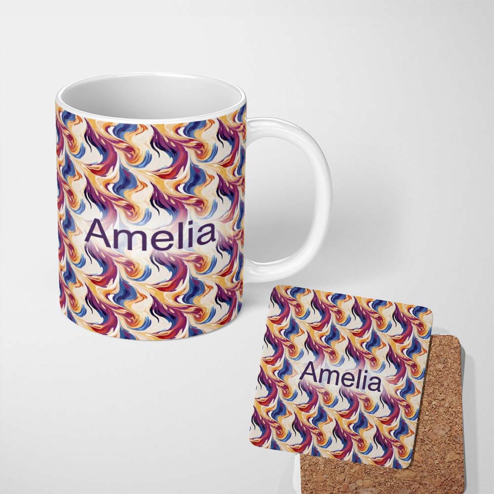 Personalized Custom Name Vibrant Multicolor Fluid Abstract Waves Seamless Pattern Name Cute 11oz Ceramic Coffee Tea Mug White Large Handle