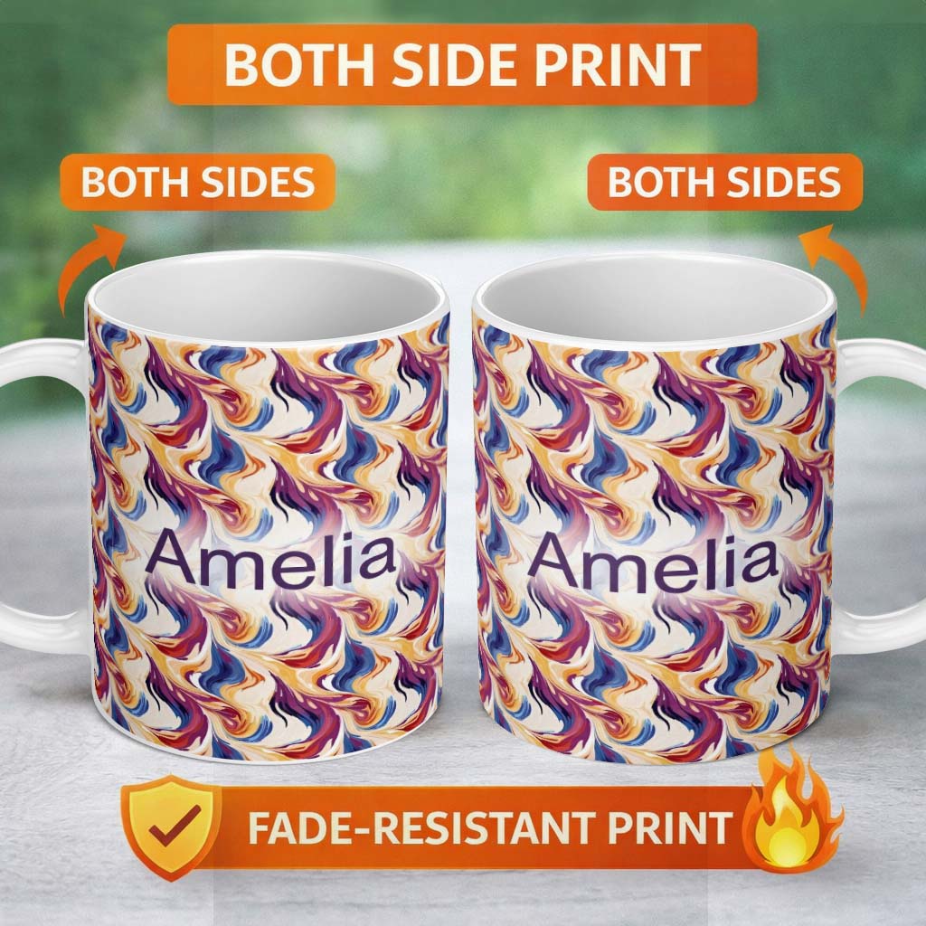 Personalized Custom Name Vibrant Multicolor Fluid Abstract Waves Seamless Pattern Name Cute 11oz Ceramic Coffee Tea Mug White Large Handle