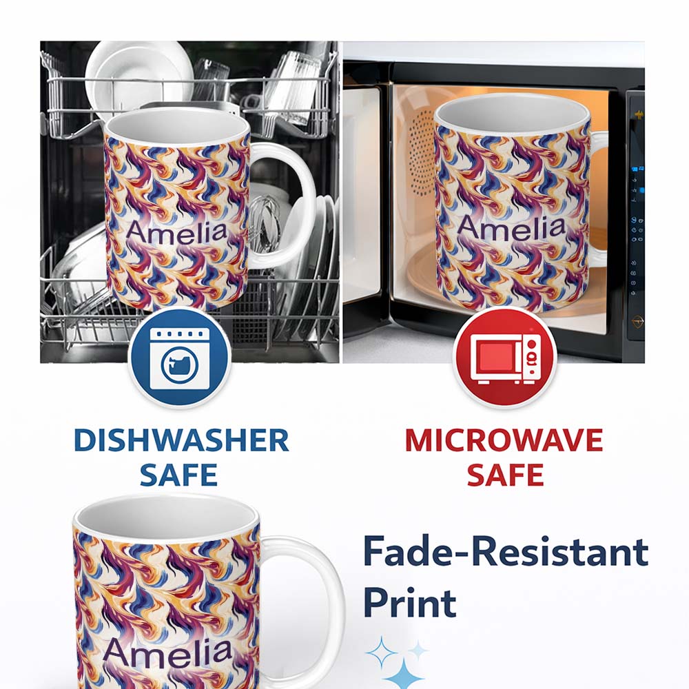 Personalized Custom Name Vibrant Multicolor Fluid Abstract Waves Seamless Pattern Name Cute 11oz Ceramic Coffee Tea Mug White Large Handle
