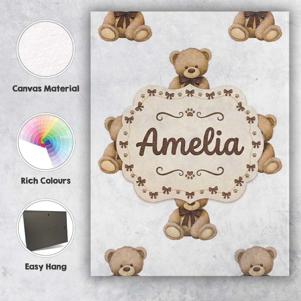 Personalised Name Cute Teddy Bear Plush Toy Custom Bespoke Interior Contemporary Canvas Wall Art Print Decor Picture Ready to Hang