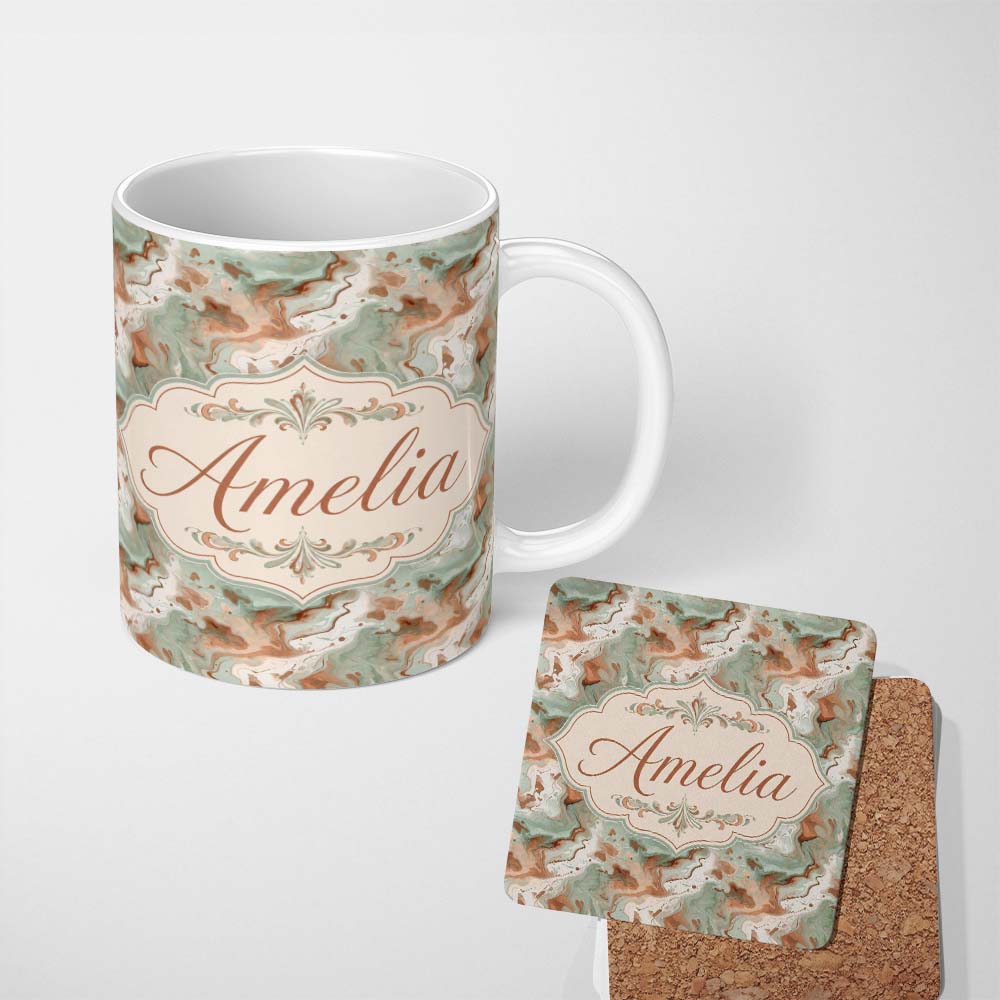 Personalized Custom Name Muted Green Brown Marble Fluid Seamless Pattern Name Cute Unique 11oz Ceramic Coffee Tea Mug White Large Handle