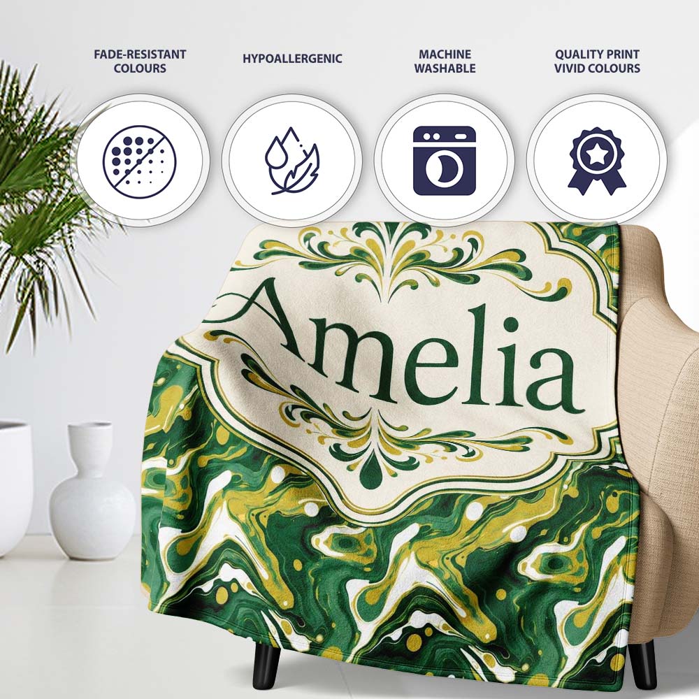 Deep Green Gold Liquid Marble Seamless Pattern Name Cute Unique Gift Personalised Custom Name Super Soft Fleece Blanket Bed Sofa Throw