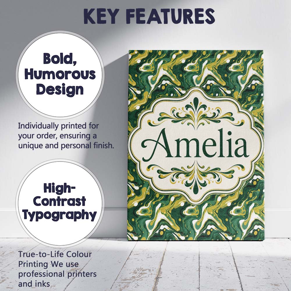 Personalised Name Deep Green Gold Liquid Custom Unique Gift Idea Elegant Feature Canvas Wall Art Print Decor Picture Ready to Hang