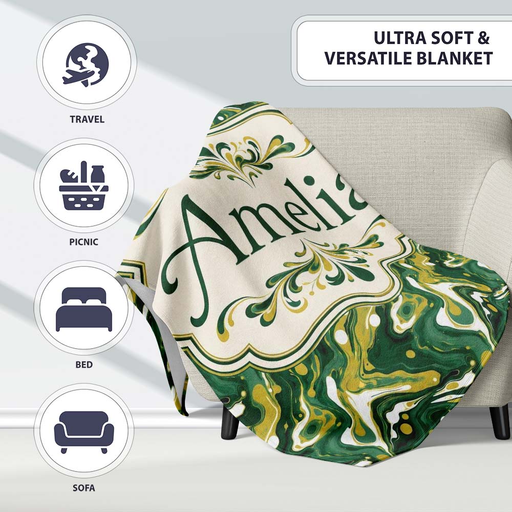 Deep Green Gold Liquid Marble Seamless Pattern Name Cute Unique Gift Personalised Custom Name Super Soft Fleece Blanket Bed Sofa Throw