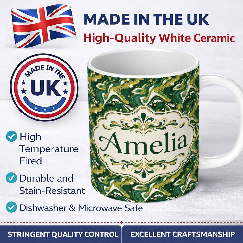 Personalized Custom Name Deep Green Gold Liquid Marble Seamless Pattern Name Cute Unique Gift 11oz Ceramic Coffee Tea Mug White Large Handle