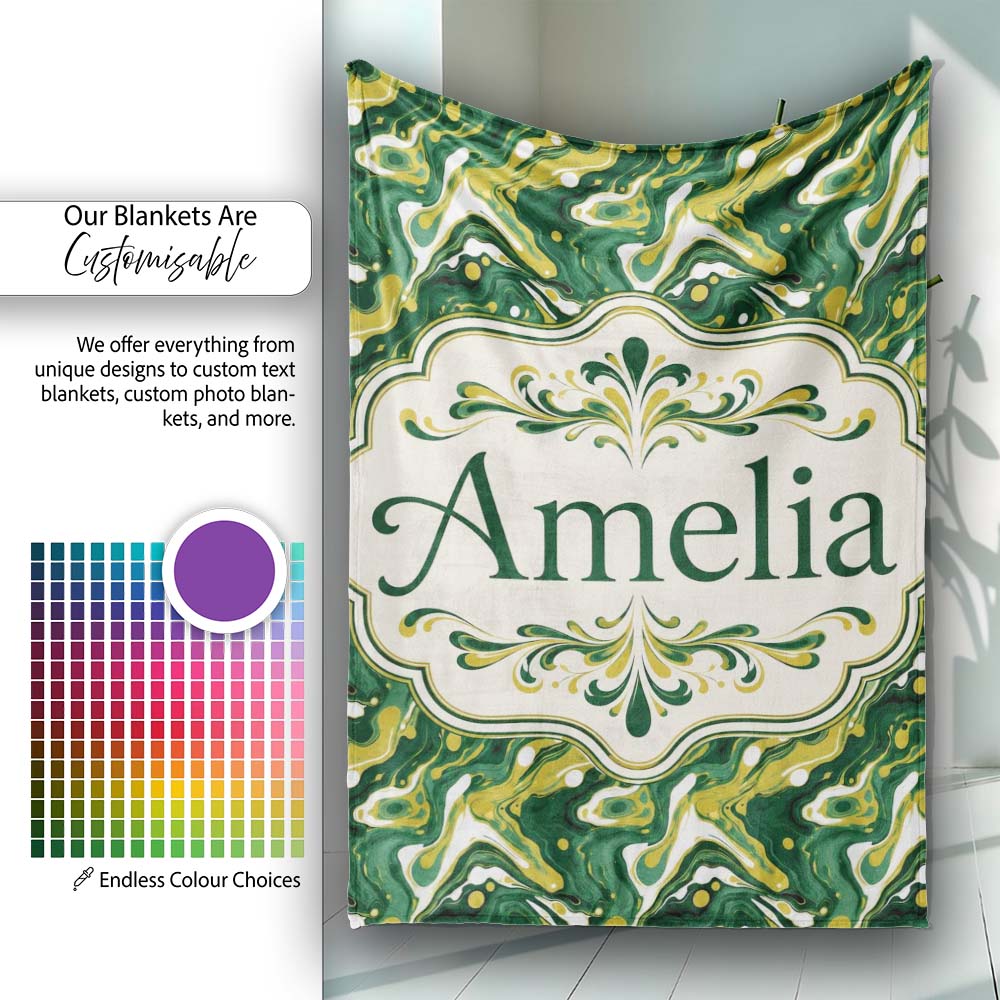 Deep Green Gold Liquid Marble Seamless Pattern Name Cute Unique Gift Personalised Custom Name Super Soft Fleece Blanket Bed Sofa Throw