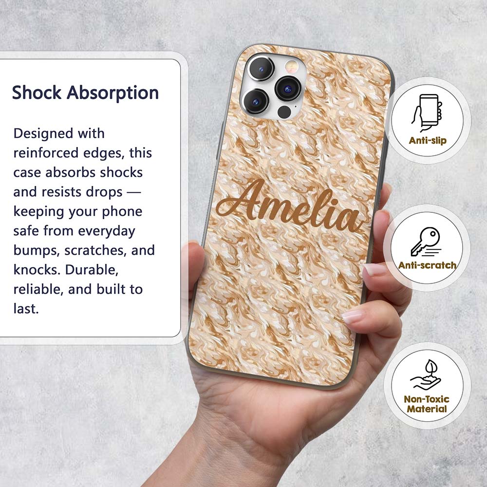 Neutral Beige Cream Marble Swirl Seamless Pattern Custom Name Protective Phone Case Mobile Cover Durable Everyday Smartphone Shock Resistant