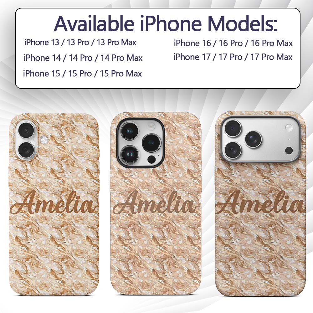 Neutral Beige Cream Marble Swirl Seamless Pattern Custom Name Protective Phone Case Mobile Cover Durable Everyday Smartphone Shock Resistant