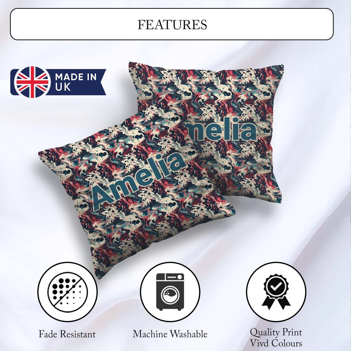 Custom Name Retro Dark Abstract Paint Seamless Pattern Name Cute Square Filled Cushion Throw Pillow Sofa Bed Home Decor Zip Washable UK Made