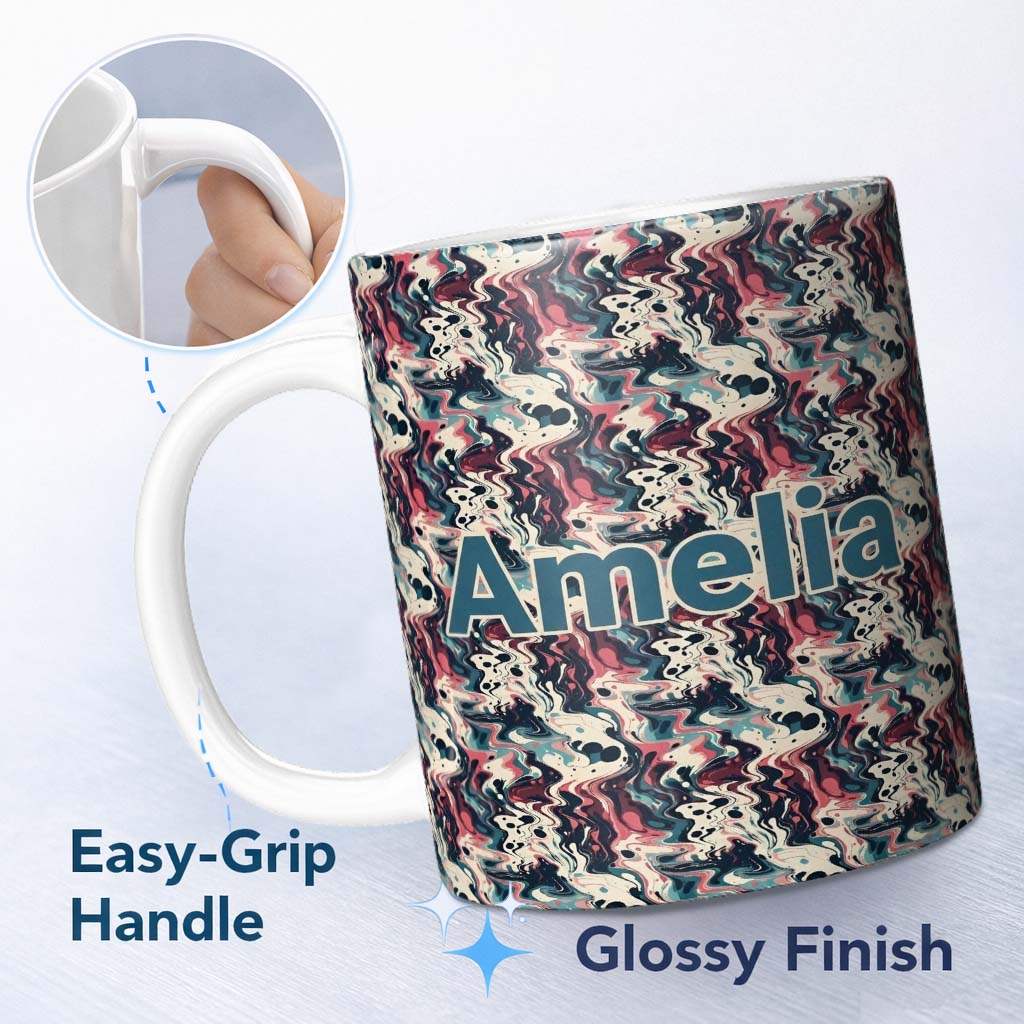 Personalized Custom Name Retro Dark Abstract Paint Swirl Seamless Pattern Name Cute Unique 11oz Ceramic Coffee Tea Mug White Large Handle