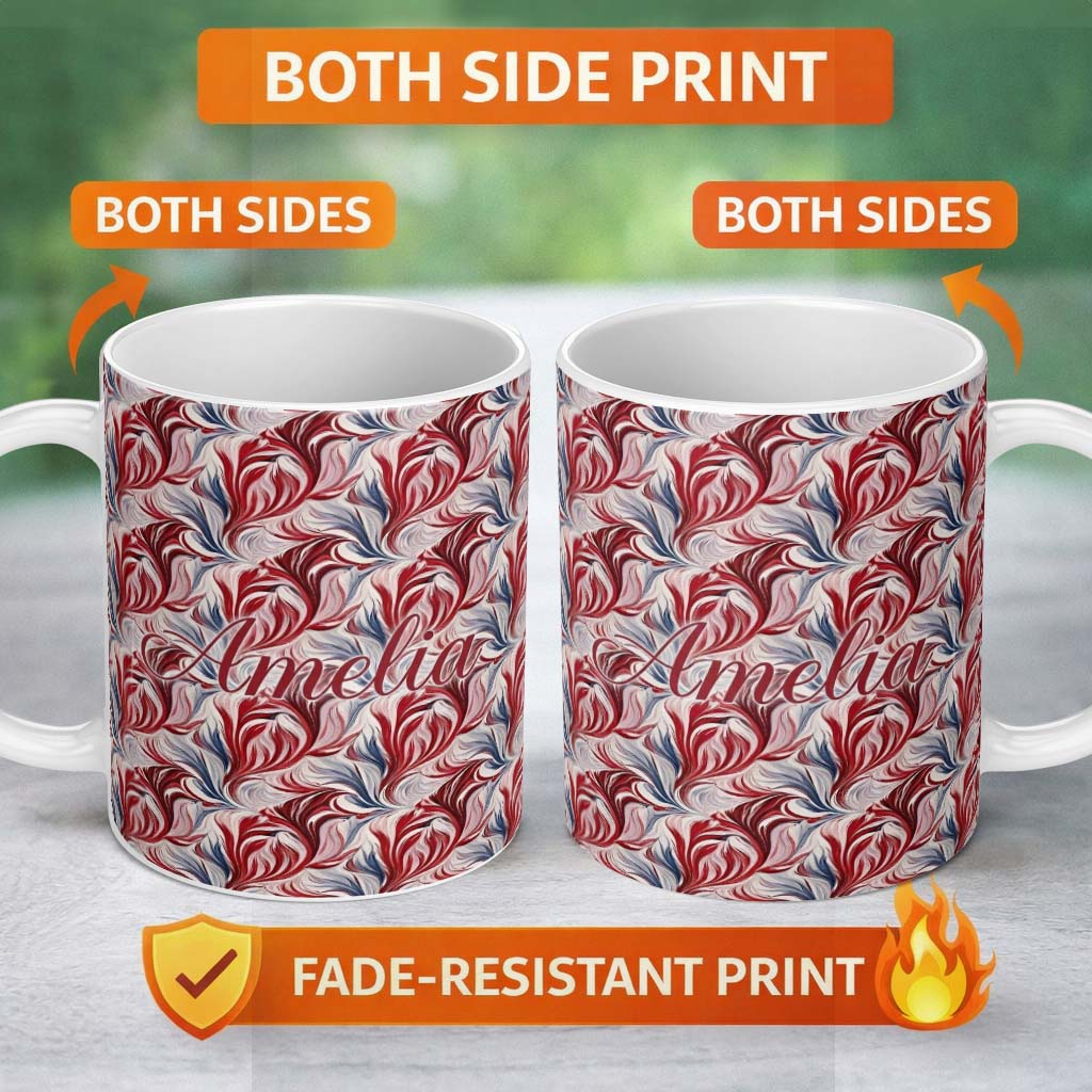 Personalized Custom Name Red White Blue Fluid Marble Seamless Pattern Name Cute Unique Gift 11oz Ceramic Coffee Tea Mug White Large Handle