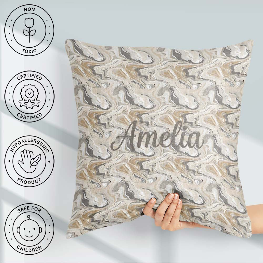 Custom Name Soft Grey Beige Marble Flow Seamless Pattern Name Square Filled Cushion Throw Pillow Sofa Bed Home Decor Zip Washable UK Made