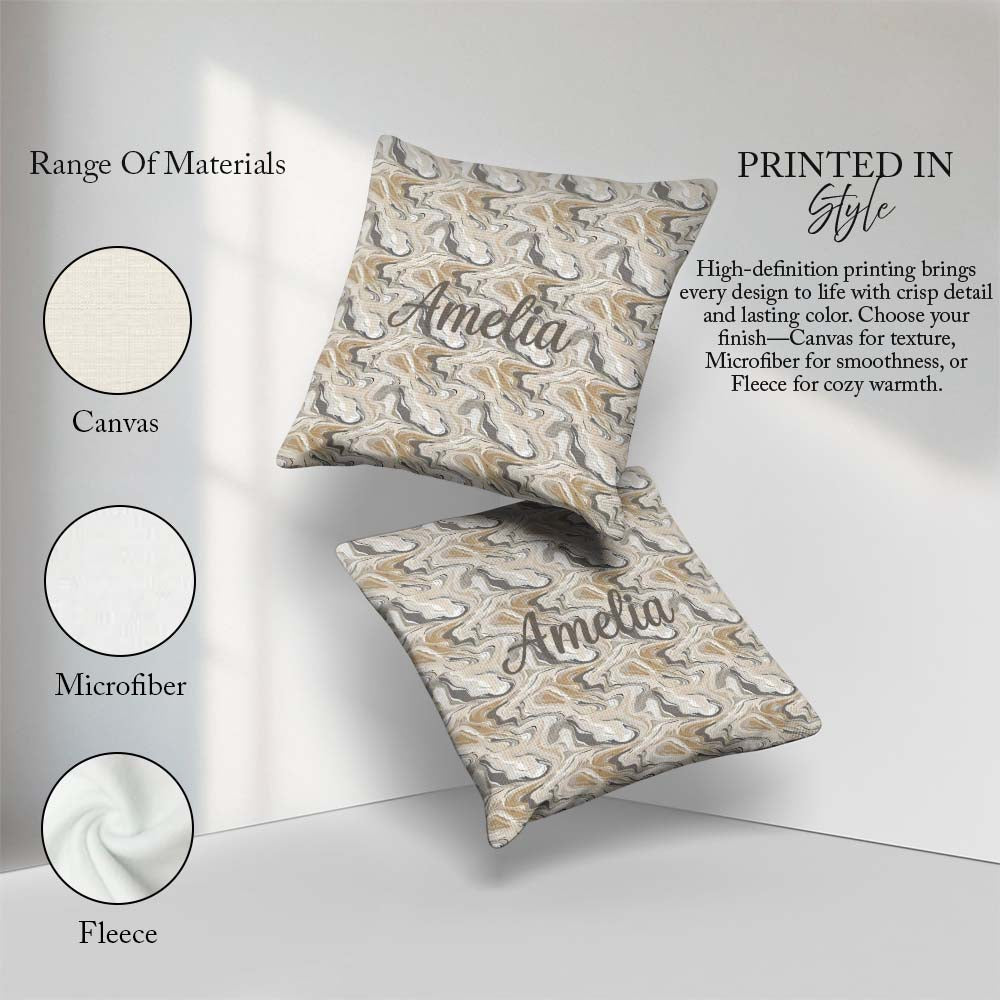 Custom Name Soft Grey Beige Marble Flow Seamless Pattern Name Square Filled Cushion Throw Pillow Sofa Bed Home Decor Zip Washable UK Made