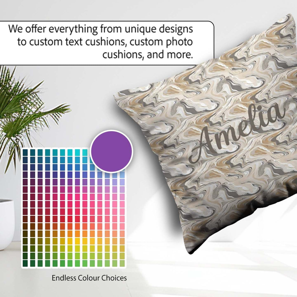 Custom Name Soft Grey Beige Marble Flow Seamless Pattern Name Square Filled Cushion Throw Pillow Sofa Bed Home Decor Zip Washable UK Made