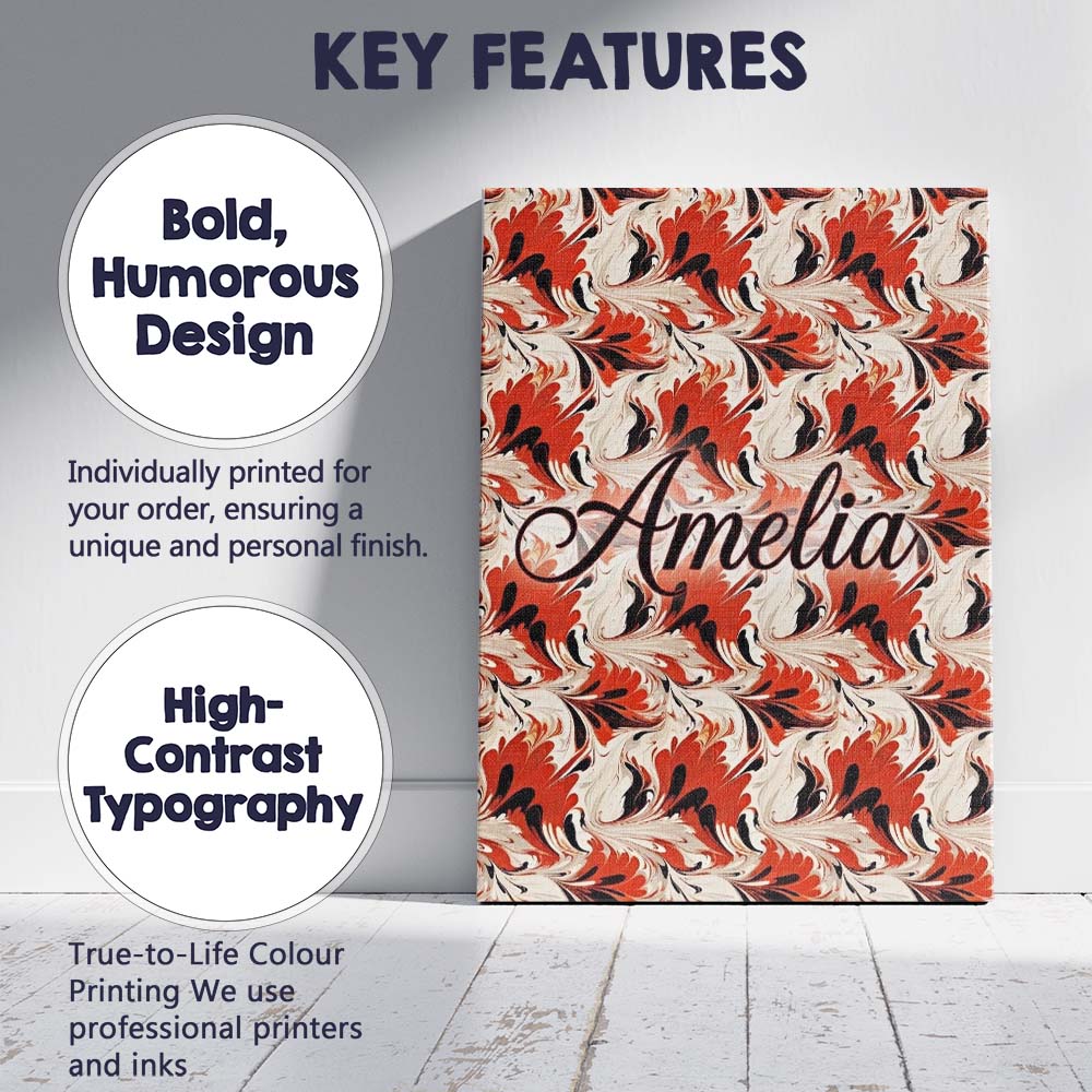 Personalised Name Bold Red Black Cream Custom Modern Room Accent Elegant Feature Canvas Wall Art Print Decor Picture Ready to Hang