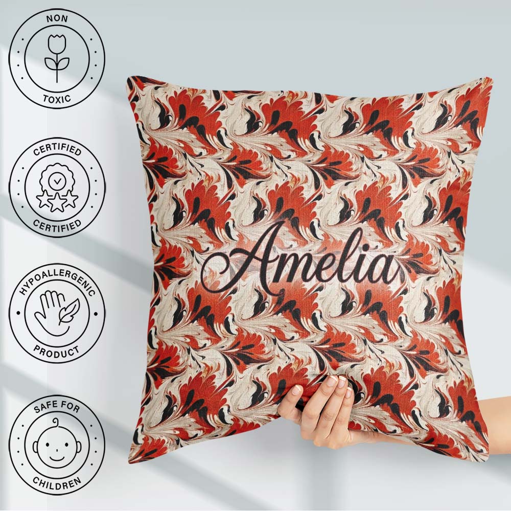 Custom Name Bold Red Black Cream Fluid Marble Seamless Name Cute Square Filled Cushion Throw Pillow Sofa Bed Home Decor Zip Washable UK Made