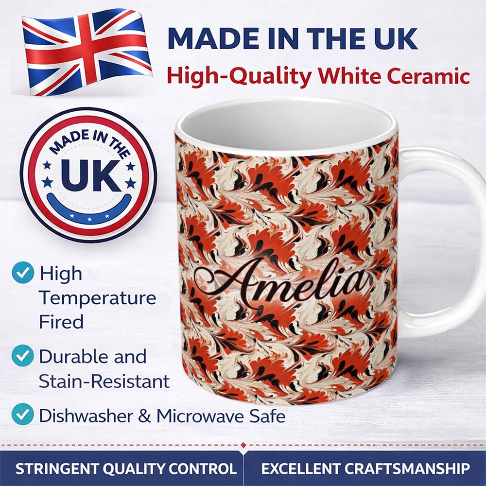Personalized Custom Name Bold Red Black Cream Fluid Marble Seamless Pattern Name Cute Unique 11oz Ceramic Coffee Tea Mug White Large Handle