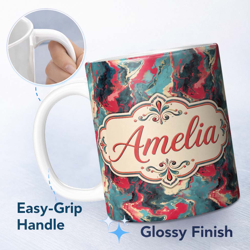Personalized Custom Name Teal Coral Abstract Liquid Marble Seamless Pattern Name Cute Unique 11oz Ceramic Coffee Tea Mug White Large Handle