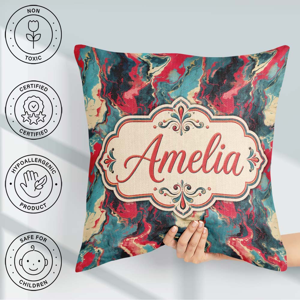 Custom Name Teal Coral Abstract Liquid Marble Seamless Name Cute Square Filled Cushion Throw Pillow Sofa Bed Home Decor Zip Washable UK Made