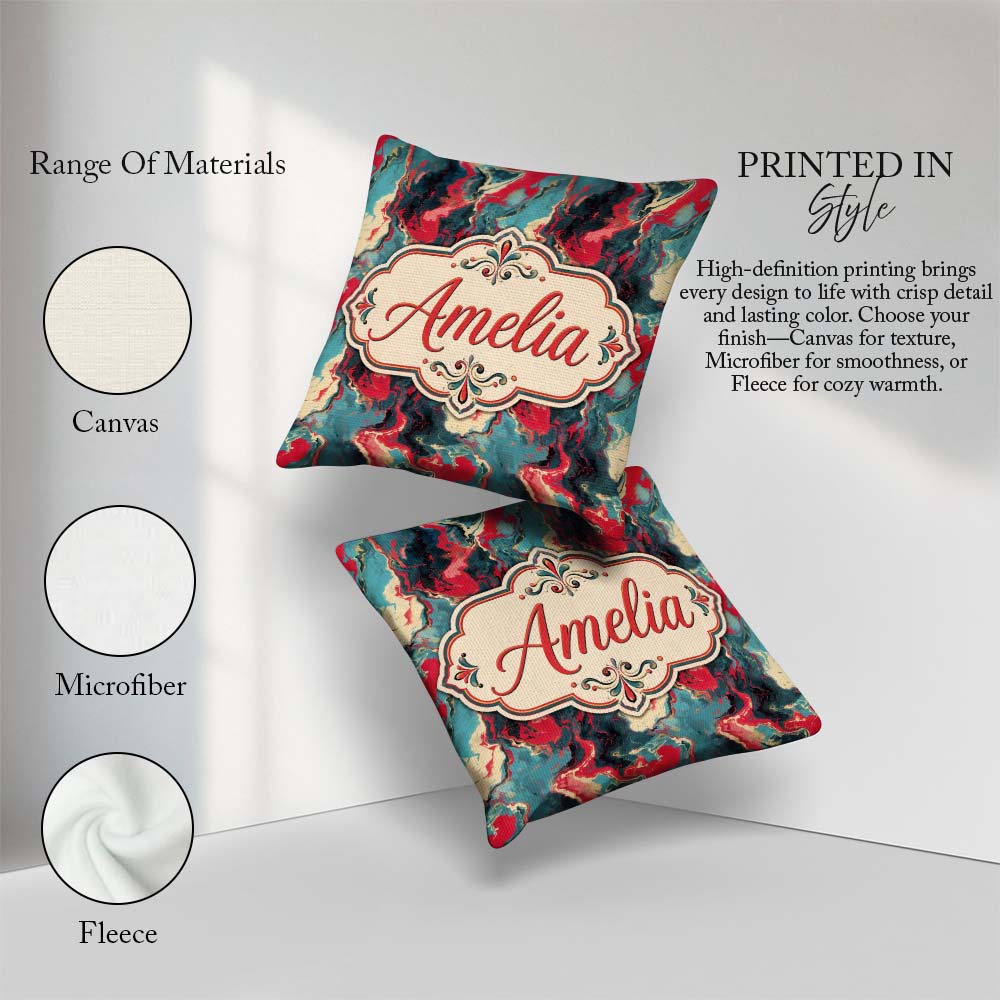 Custom Name Teal Coral Abstract Liquid Marble Seamless Name Cute Square Filled Cushion Throw Pillow Sofa Bed Home Decor Zip Washable UK Made