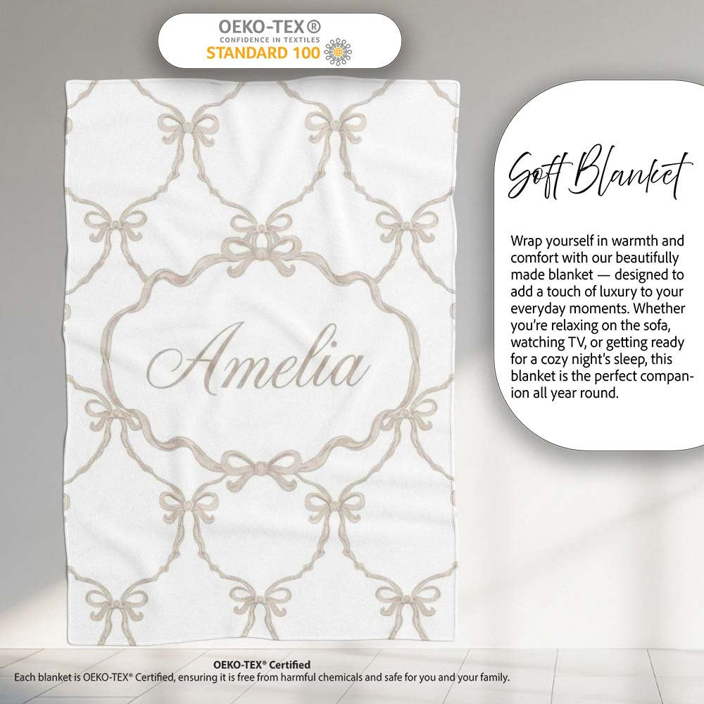 Elegant Ribbon Bow Lattice Seamless Pattern on Soft Neutral Lovely Personalised Custom Name Super Soft Fleece Blanket Bed Sofa Throw