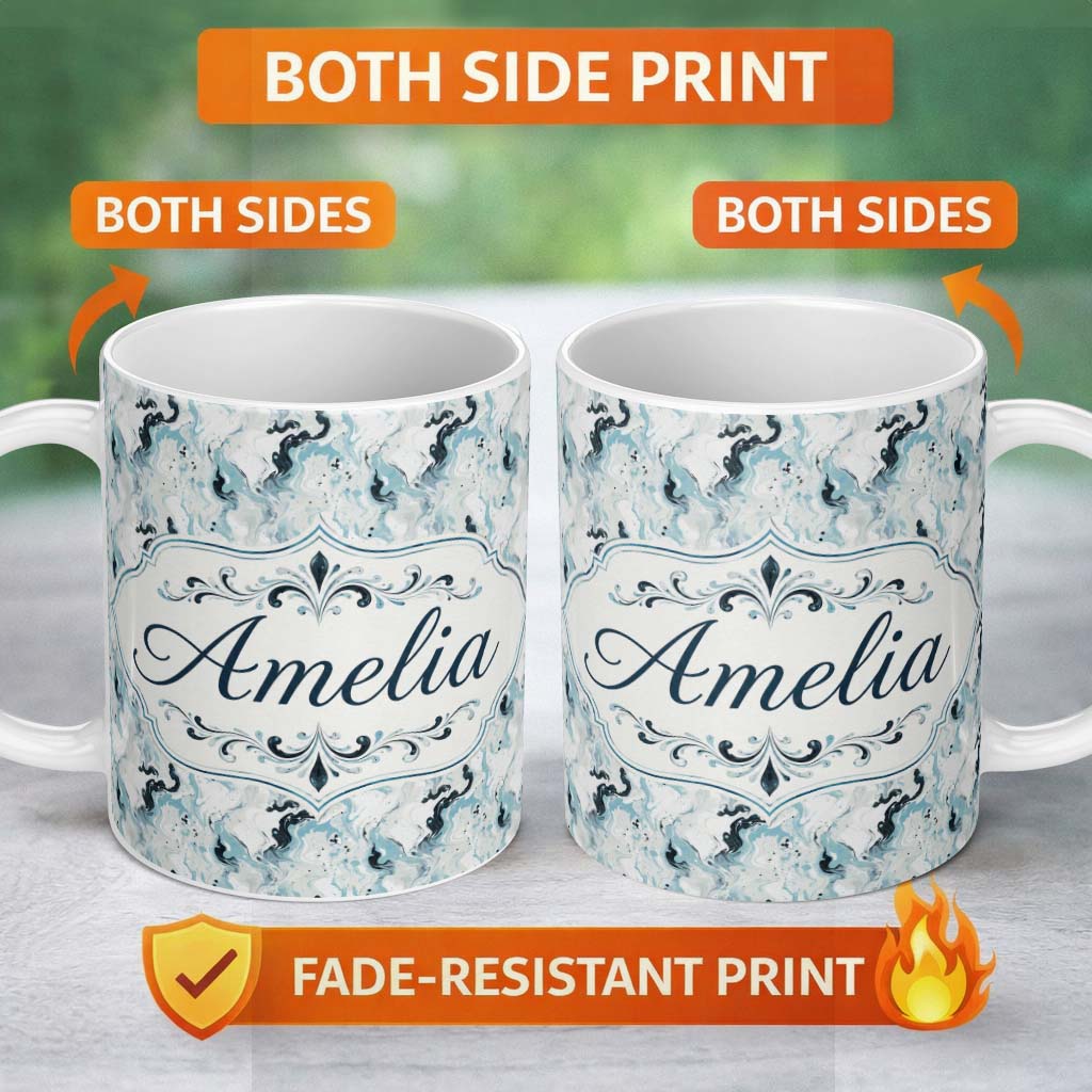 Personalized Custom Name Soft Blue Grey Ink Flow Marble Seamless Pattern Name Cute Unique 11oz Ceramic Coffee Tea Mug White Large Handle
