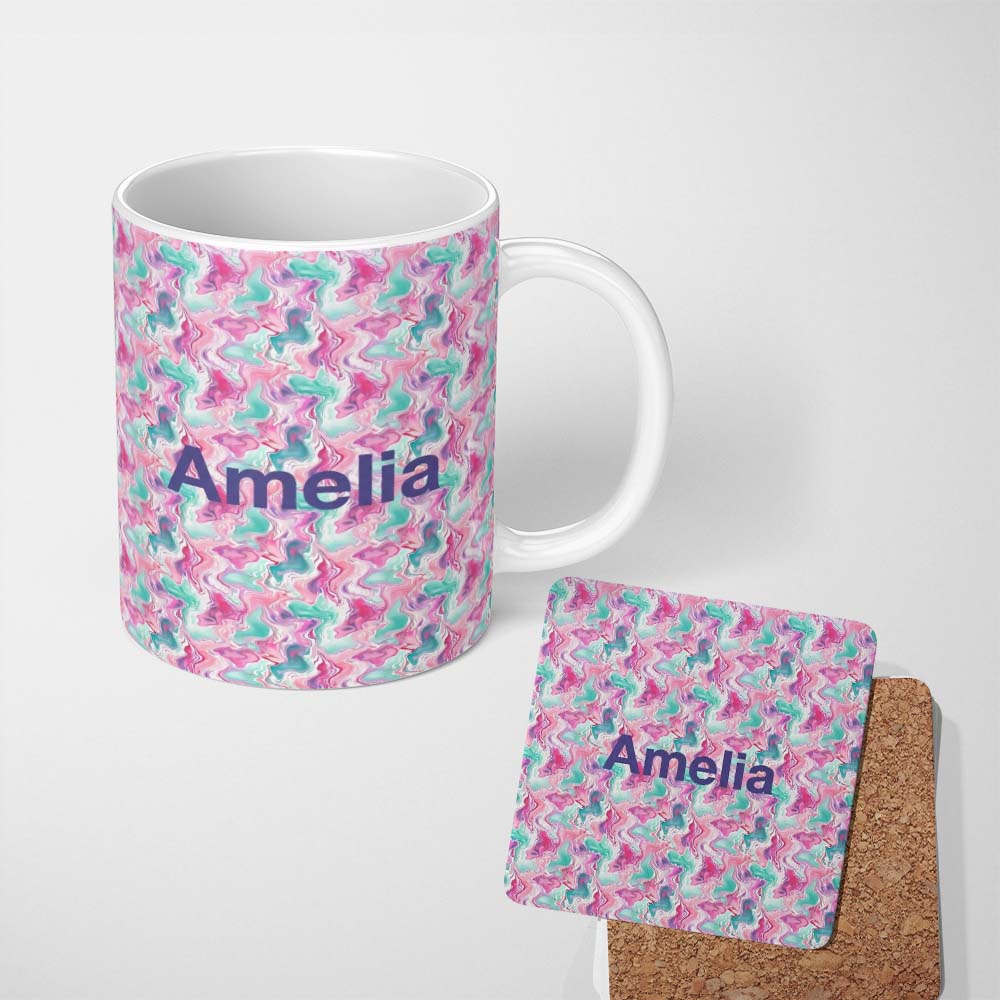 Personalized Custom Name Pastel Pink Mint Fluid Marble Seamless Pattern Name Cute Unique Gift 11oz Ceramic Coffee Tea Mug White Large Handle