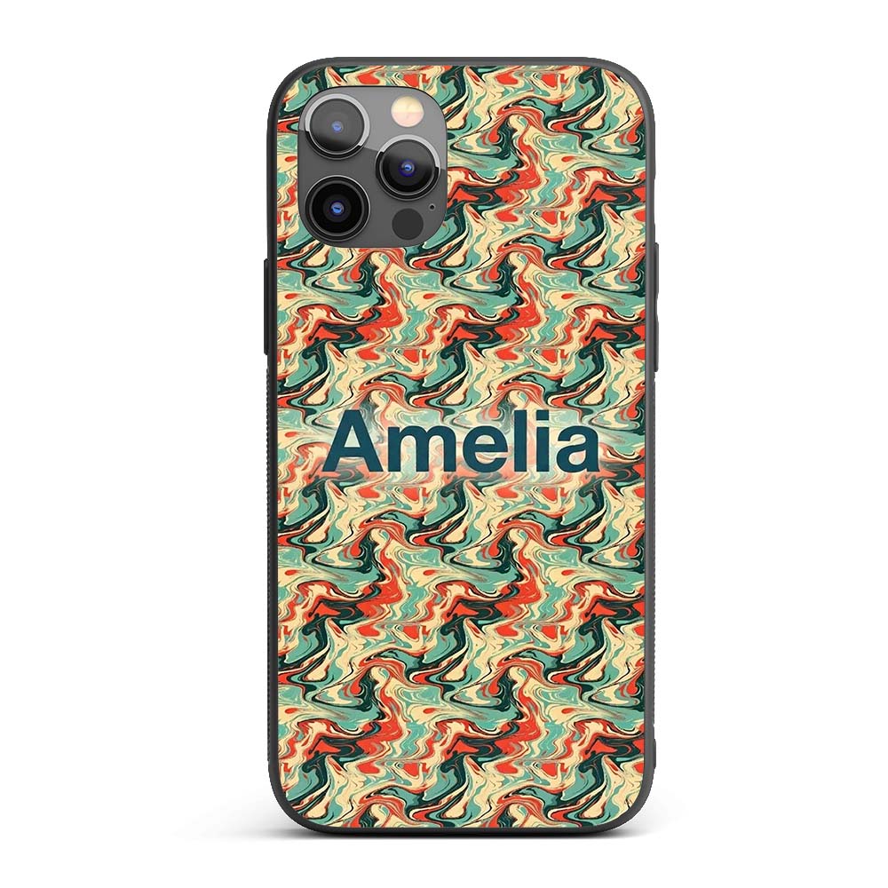 Retro Orange Teal Swirl Marble Seamless Pattern Custom Name Protective Phone Case Mobile Cover Durable Everyday Smartphone Shock Resistant