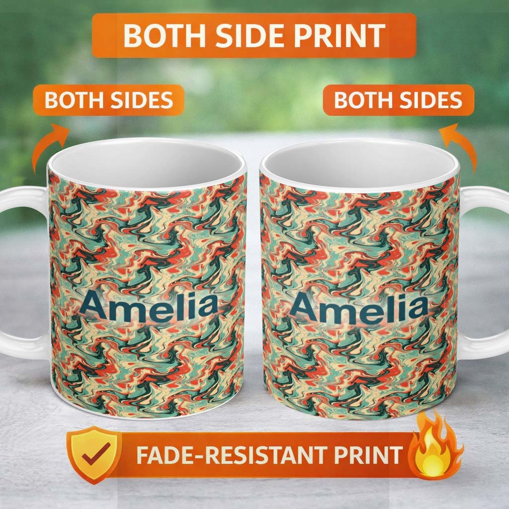 Personalized Custom Name Retro Orange Teal Swirl Marble Seamless Pattern Name Cute Unique 11oz Ceramic Coffee Tea Mug White Large Handle