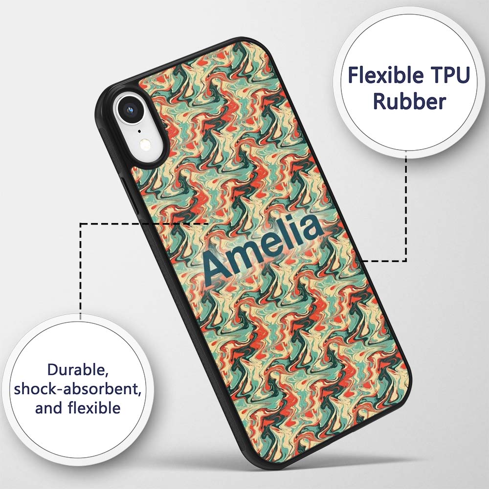 Retro Orange Teal Swirl Marble Seamless Pattern Custom Name Protective Phone Case Mobile Cover Durable Everyday Smartphone Shock Resistant