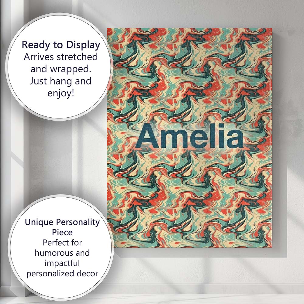 Personalised Name Retro Orange Teal Swirl Custom Unique Gift Idea Elegant Feature Canvas Wall Art Print Decor Picture Ready to Hang