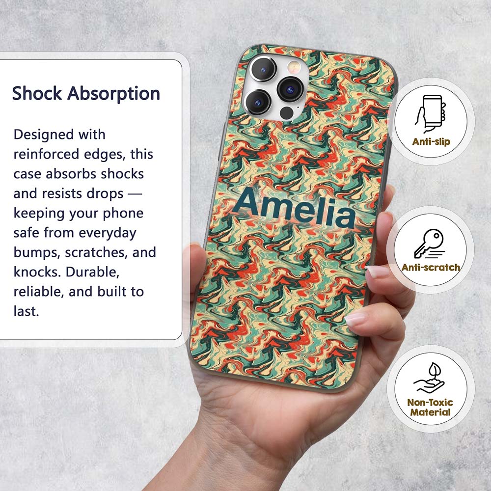 Retro Orange Teal Swirl Marble Seamless Pattern Custom Name Protective Phone Case Mobile Cover Durable Everyday Smartphone Shock Resistant