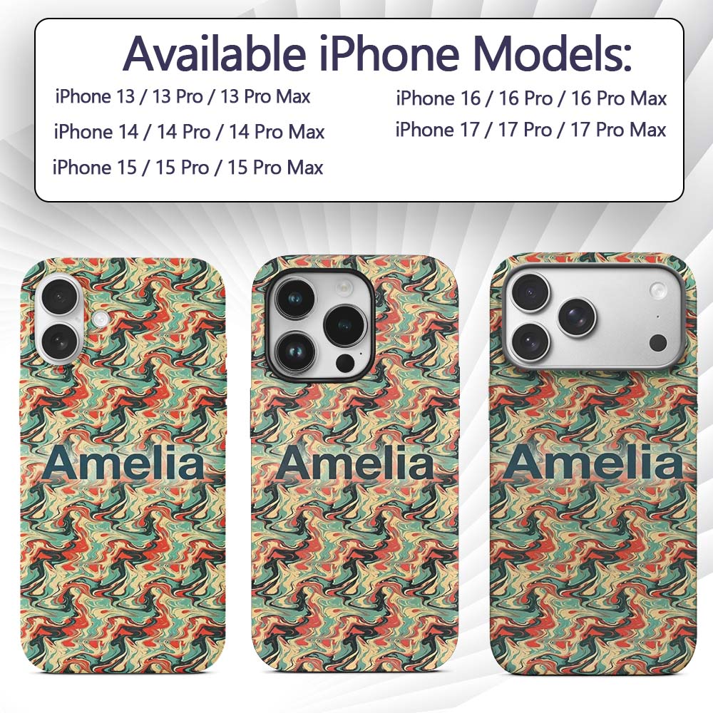 Retro Orange Teal Swirl Marble Seamless Pattern Custom Name Protective Phone Case Mobile Cover Durable Everyday Smartphone Shock Resistant