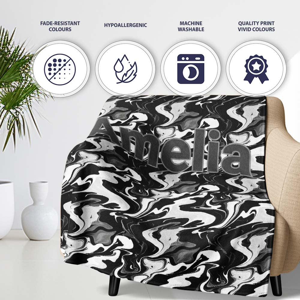 Monochrome Black White Liquid Marble Seamless Pattern Name Cute Personalised Custom Name Super Soft Fleece Blanket Bed Sofa Throw
