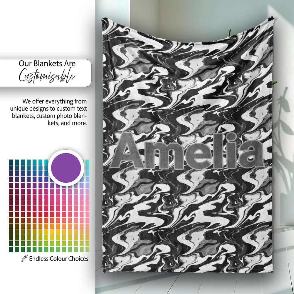 Monochrome Black White Liquid Marble Seamless Pattern Name Cute Personalised Custom Name Super Soft Fleece Blanket Bed Sofa Throw