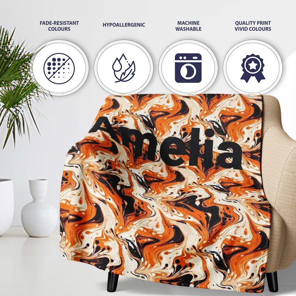 Orange Cream Black Fluid Marble Seamless Pattern Name Cute Unique Personalised Custom Name Super Soft Fleece Blanket Bed Sofa Throw