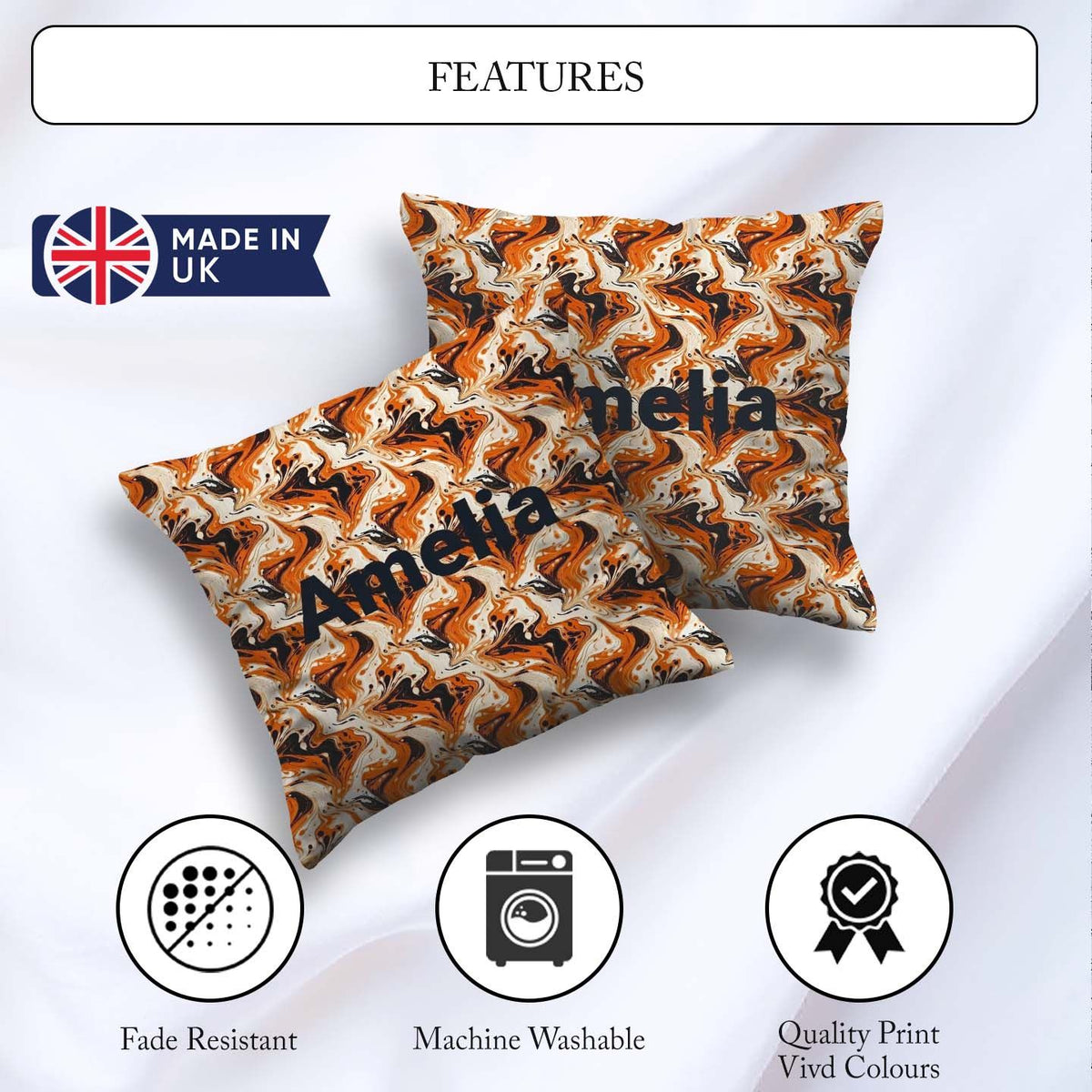Custom Name Orange Cream Black Marble Seamless Pattern Name Cute Square Filled Cushion Throw Pillow Sofa Bed Home Decor Zip Washable UK Made