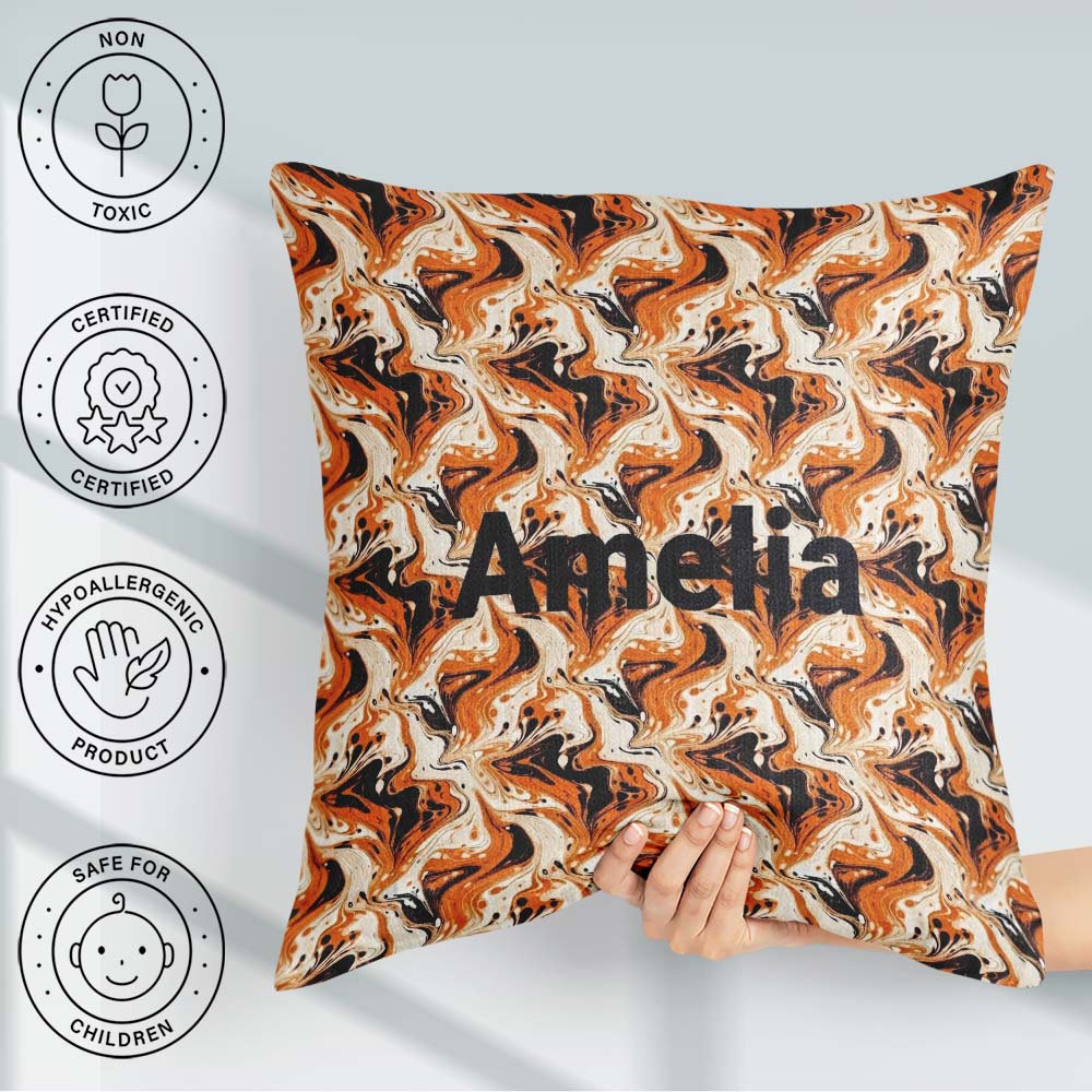 Custom Name Orange Cream Black Marble Seamless Pattern Name Cute Square Filled Cushion Throw Pillow Sofa Bed Home Decor Zip Washable UK Made