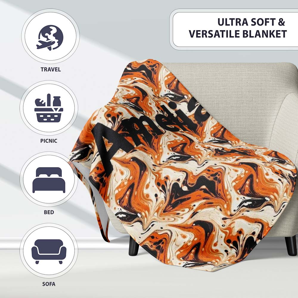 Orange Cream Black Fluid Marble Seamless Pattern Name Cute Unique Personalised Custom Name Super Soft Fleece Blanket Bed Sofa Throw