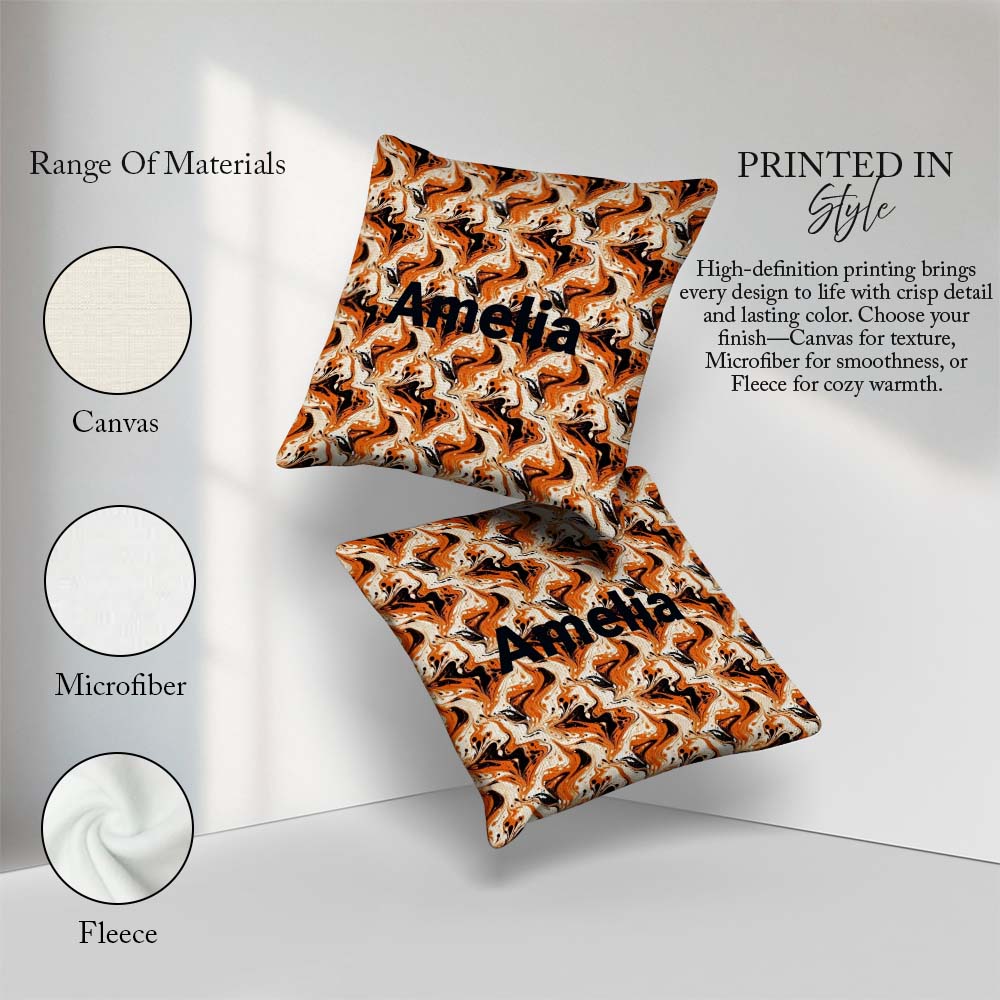 Custom Name Orange Cream Black Marble Seamless Pattern Name Cute Square Filled Cushion Throw Pillow Sofa Bed Home Decor Zip Washable UK Made