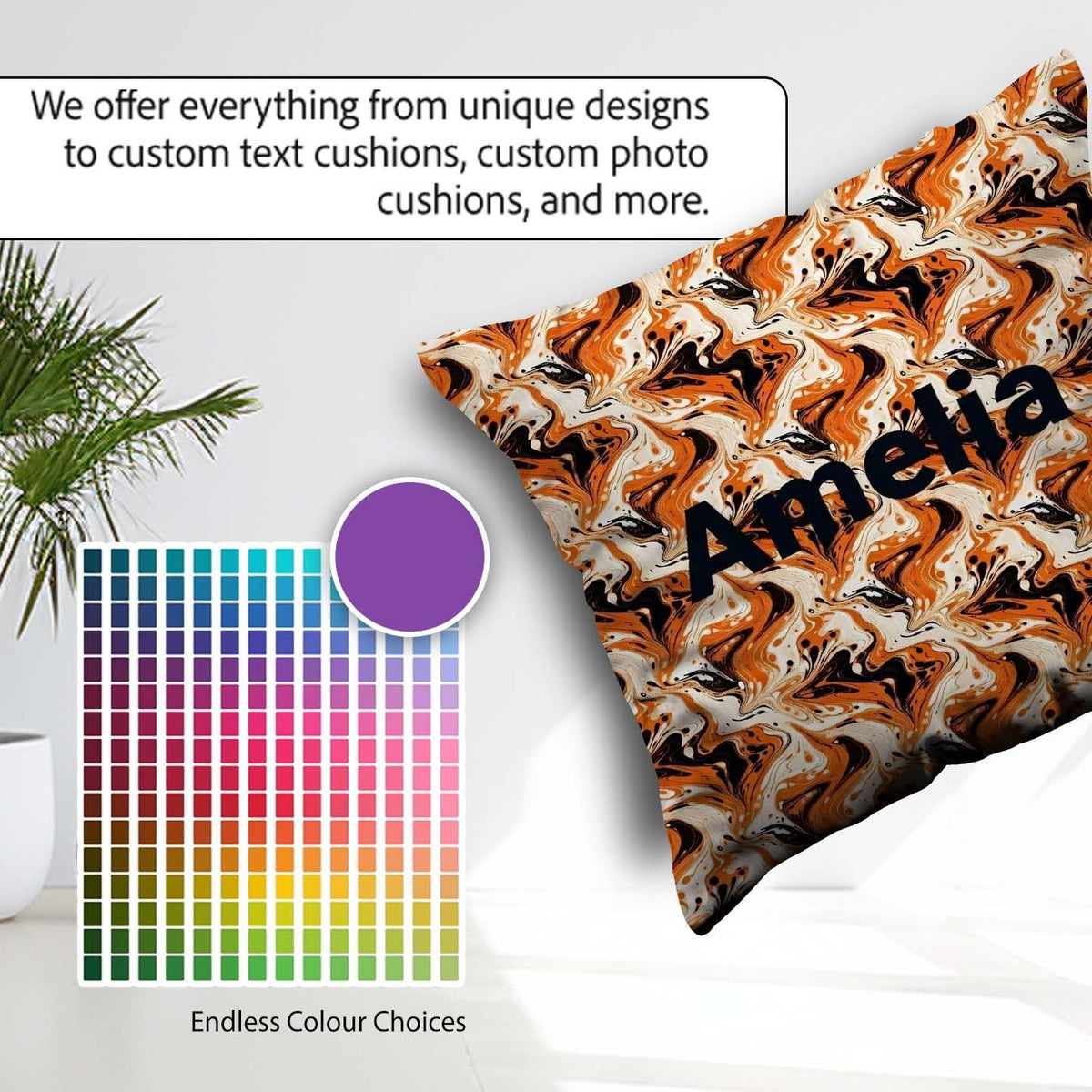 Custom Name Orange Cream Black Marble Seamless Pattern Name Cute Square Filled Cushion Throw Pillow Sofa Bed Home Decor Zip Washable UK Made
