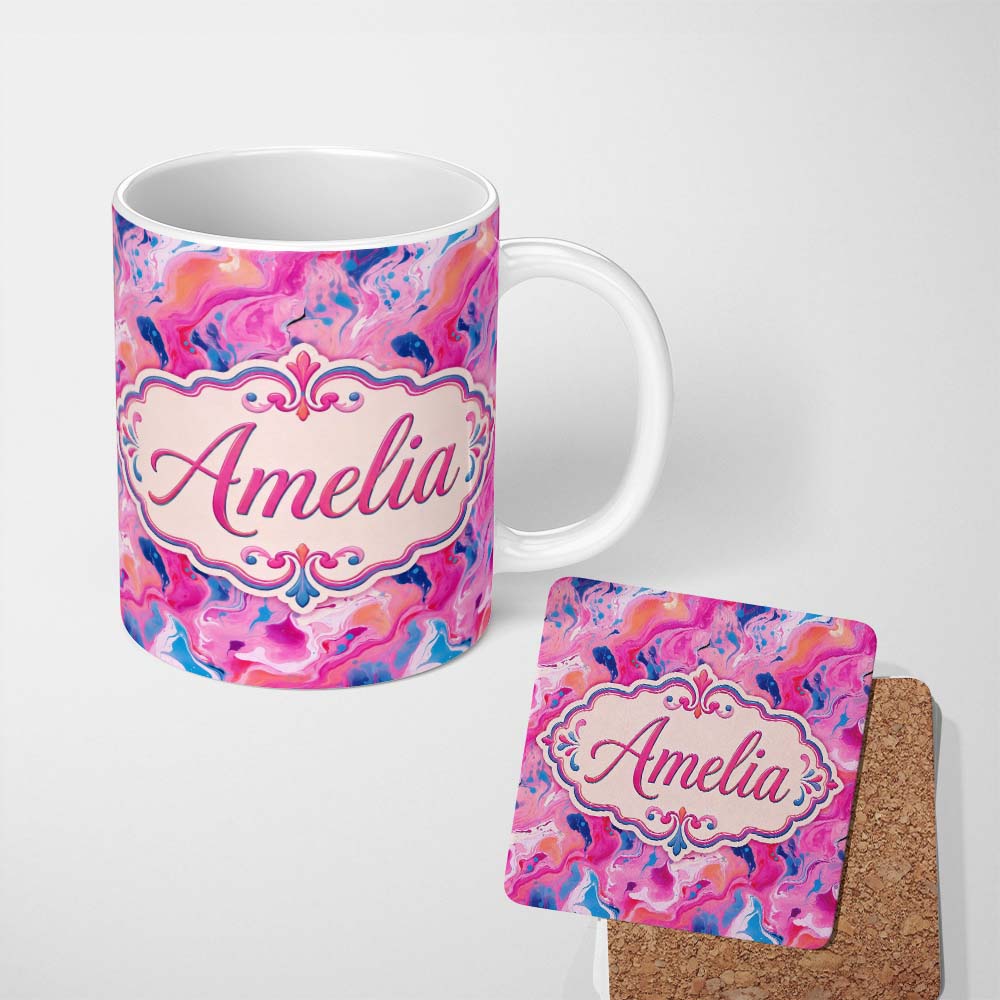 Personalized Custom Name Vibrant Pink Blue Abstract Fluid Marble Seamless Pattern Name Cute 11oz Ceramic Coffee Tea Mug White Large Handle